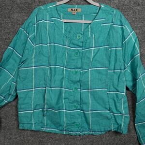 Flax Womens Size Medium Linen Button Up Boxy Top Blouse Green Plaid Long Sleeves